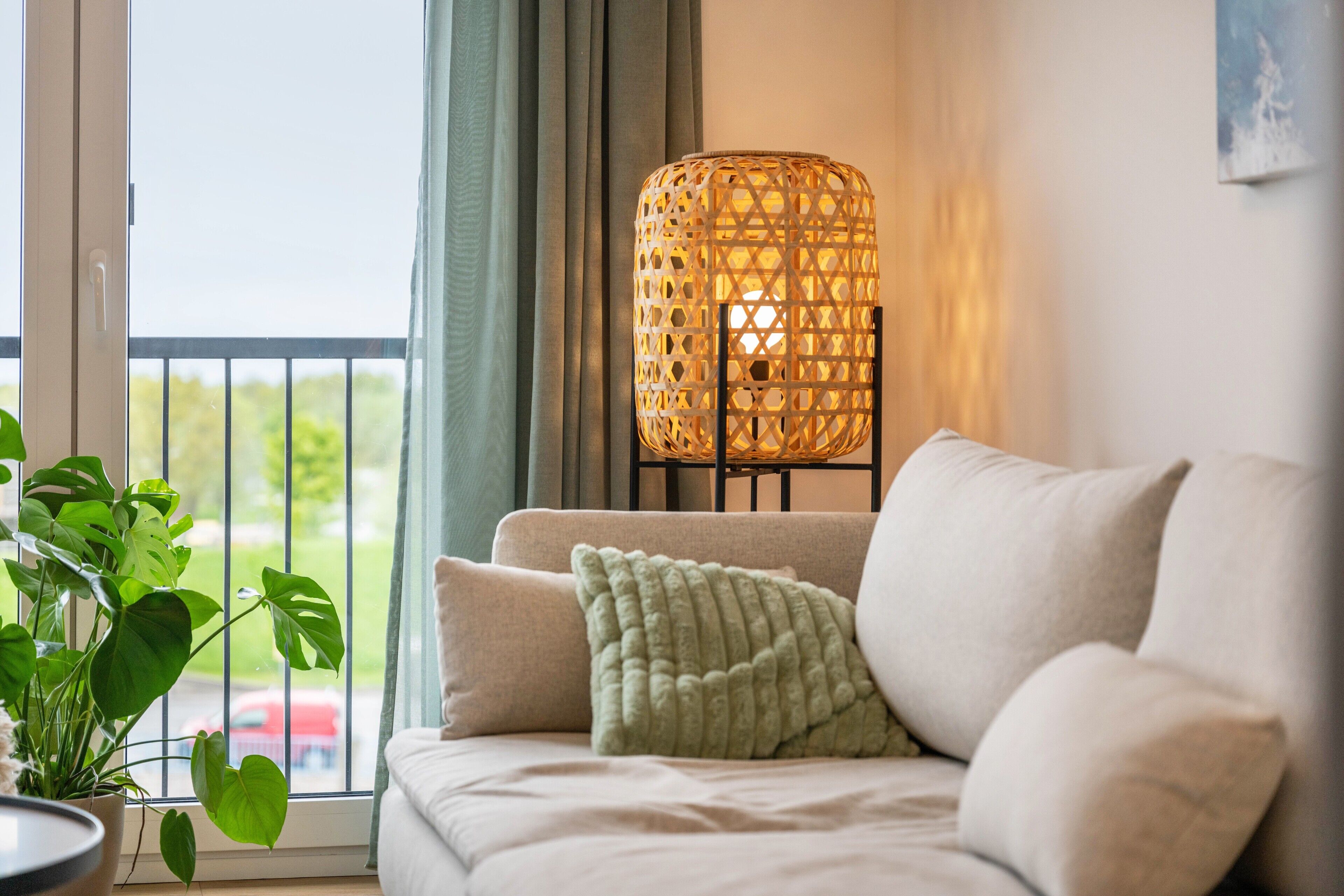 A living room with a sofa, a potted plant, and a wicker lamp.