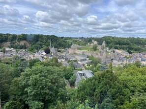 Eine historische Stadt mit mittelalterlicher Architektur, darunter ein markantes Schloss und eine Kirche, umgeben von üppiger Vegetation.