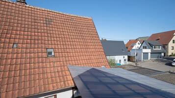 A residential area with a red-tiled roof, a grey metal roof, and a clear blue sky.