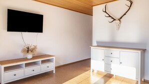 A modern room with a wooden ceiling, a mounted TV, a white cabinet, and a deer skull on the wall.
