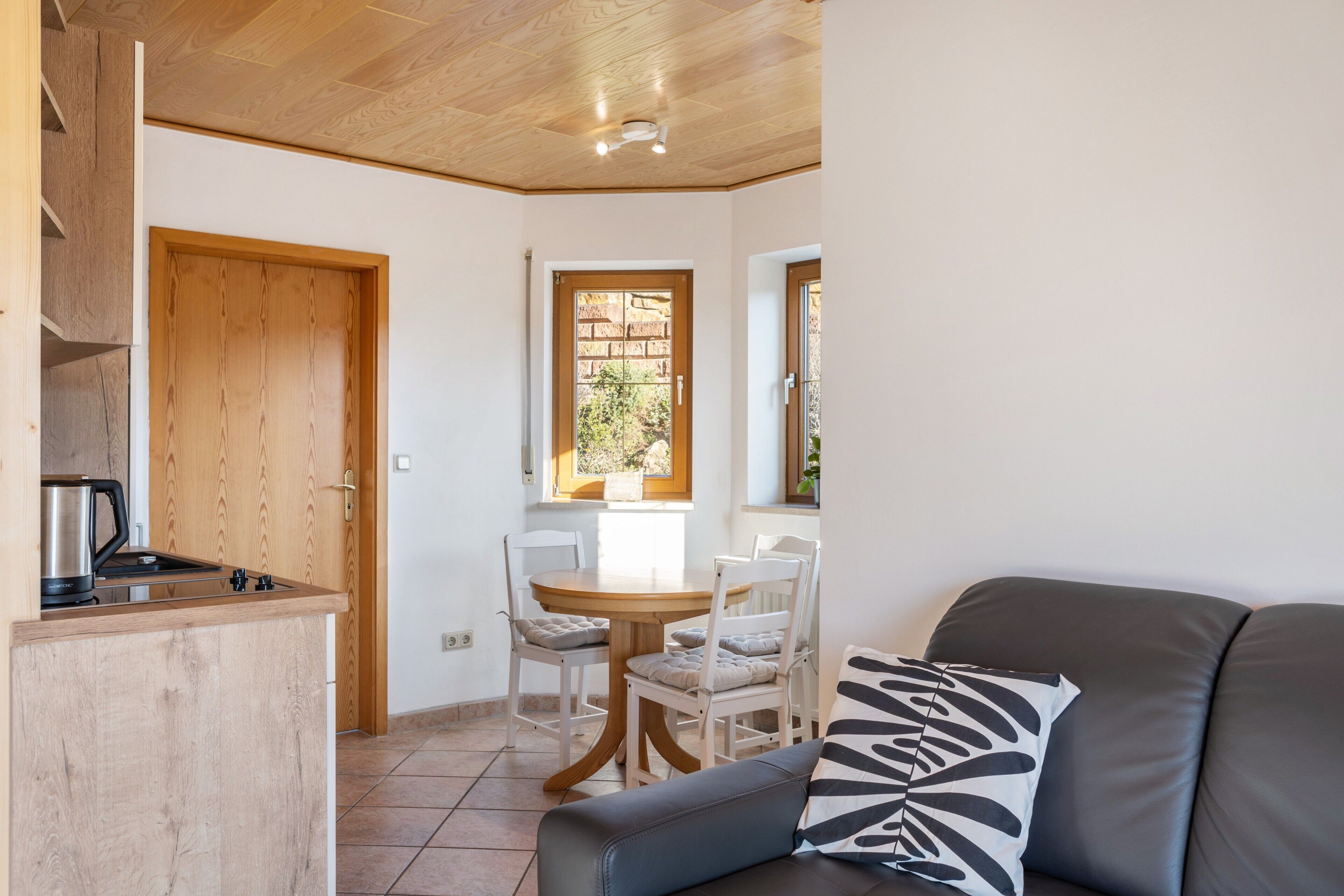 A compact living space with a kitchenette, a dining area, and a seating area with a sofa and a patterned pillow.