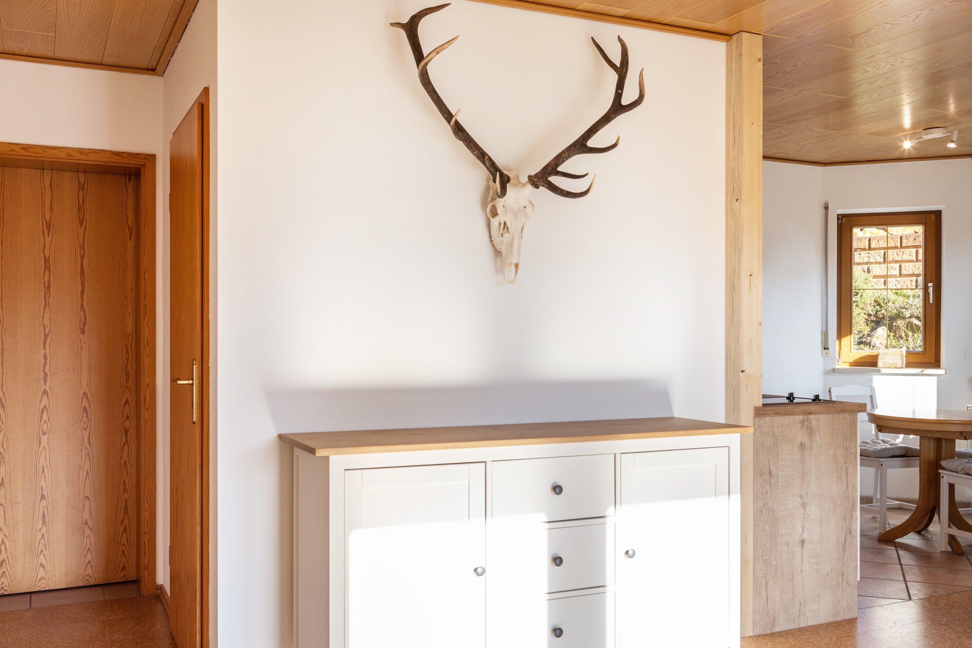 A room with a wooden door, a white cabinet, and a deer skull mounted on the wall.
