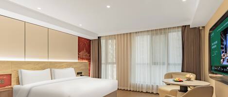 Desk, laptop workspace, blackout curtains, iron/ironing board