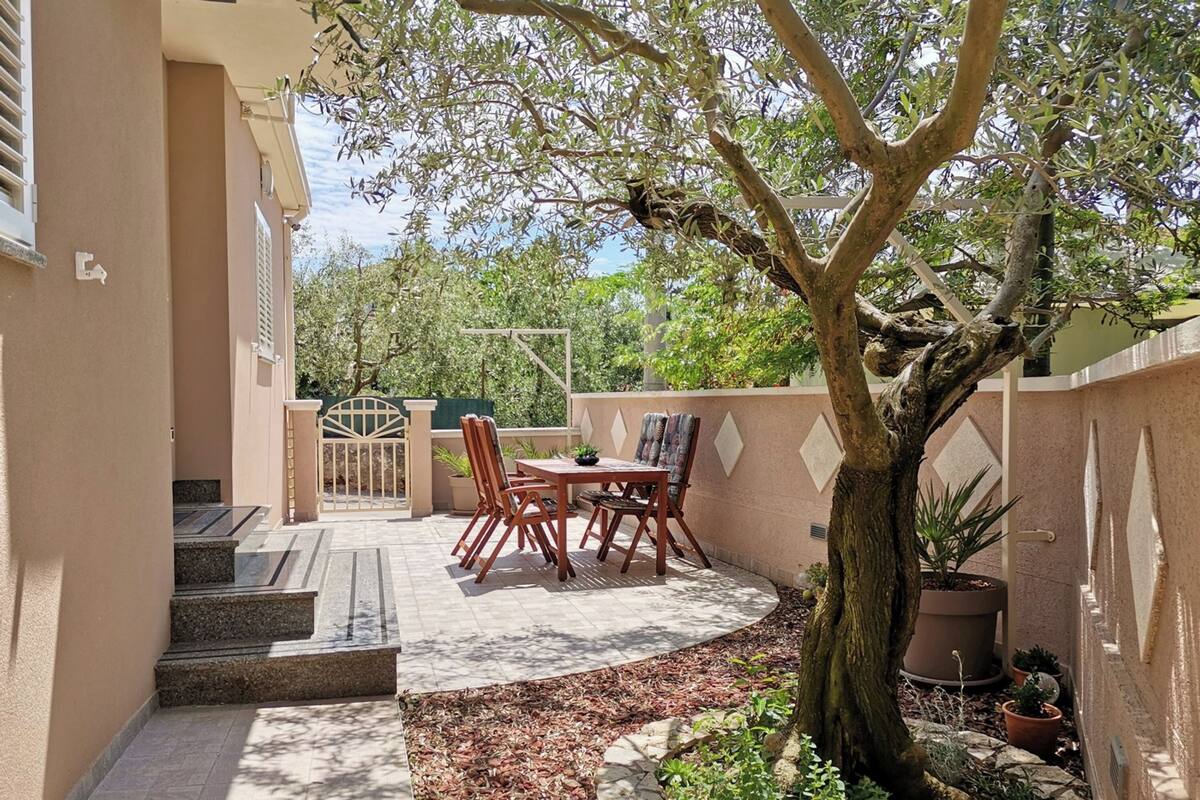 Un patio exterior con una mesa y sillas, rodeado por un muro bajo y un árbol.