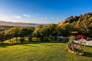 A lush green landscape with a clear view of a body of water and distant mountains.