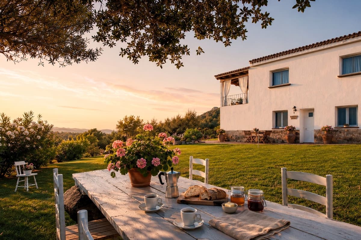 A wooden table set with a coffee pot, cups, bread, and jars of honey in a garden with a white building in the background.