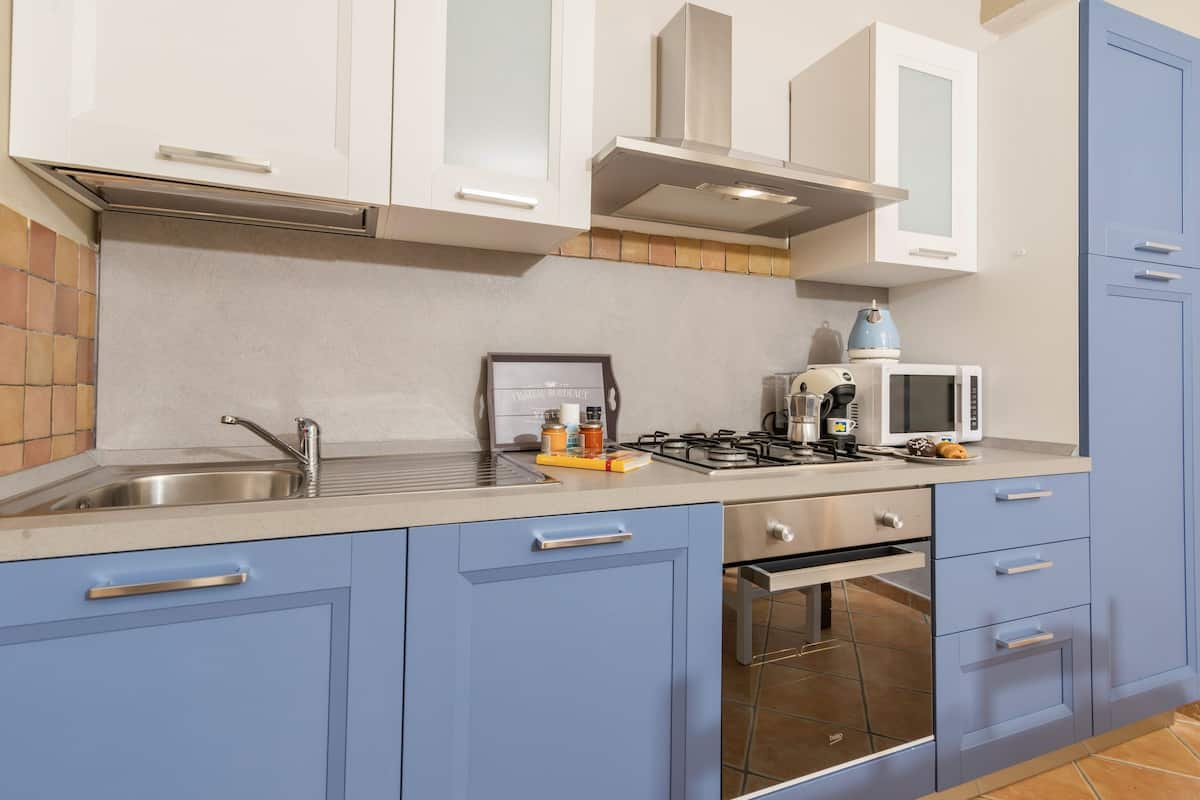 A kitchen with blue cabinets, a stainless steel sink, a microwave, and a gas stove.