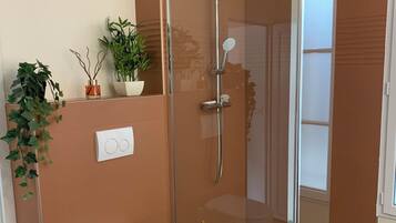 Shower, hair dryer, towels, toilet paper