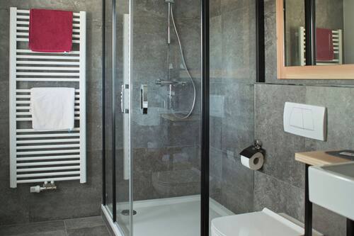 Habitación Confort doble | Baño | Ducha, secador de pelo, toallas y jabón