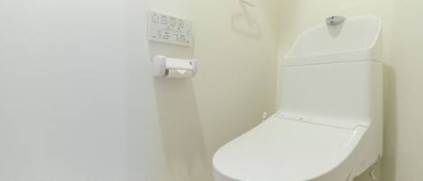 A small, white bathroom with a toilet, a wall-mounted flush handle, and a toilet paper holder.