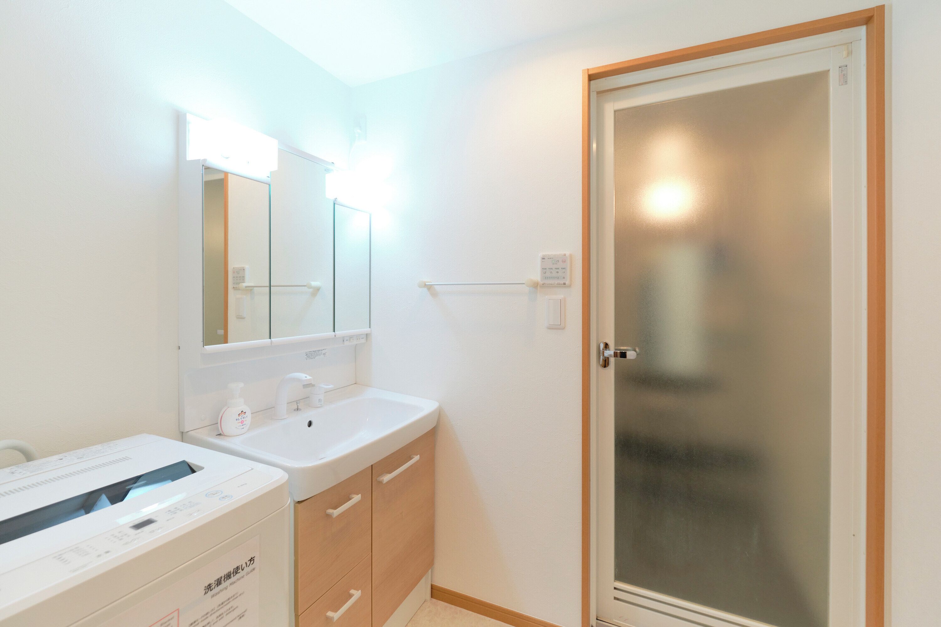 A bathroom with a white sink, mirror, and a frosted glass door.