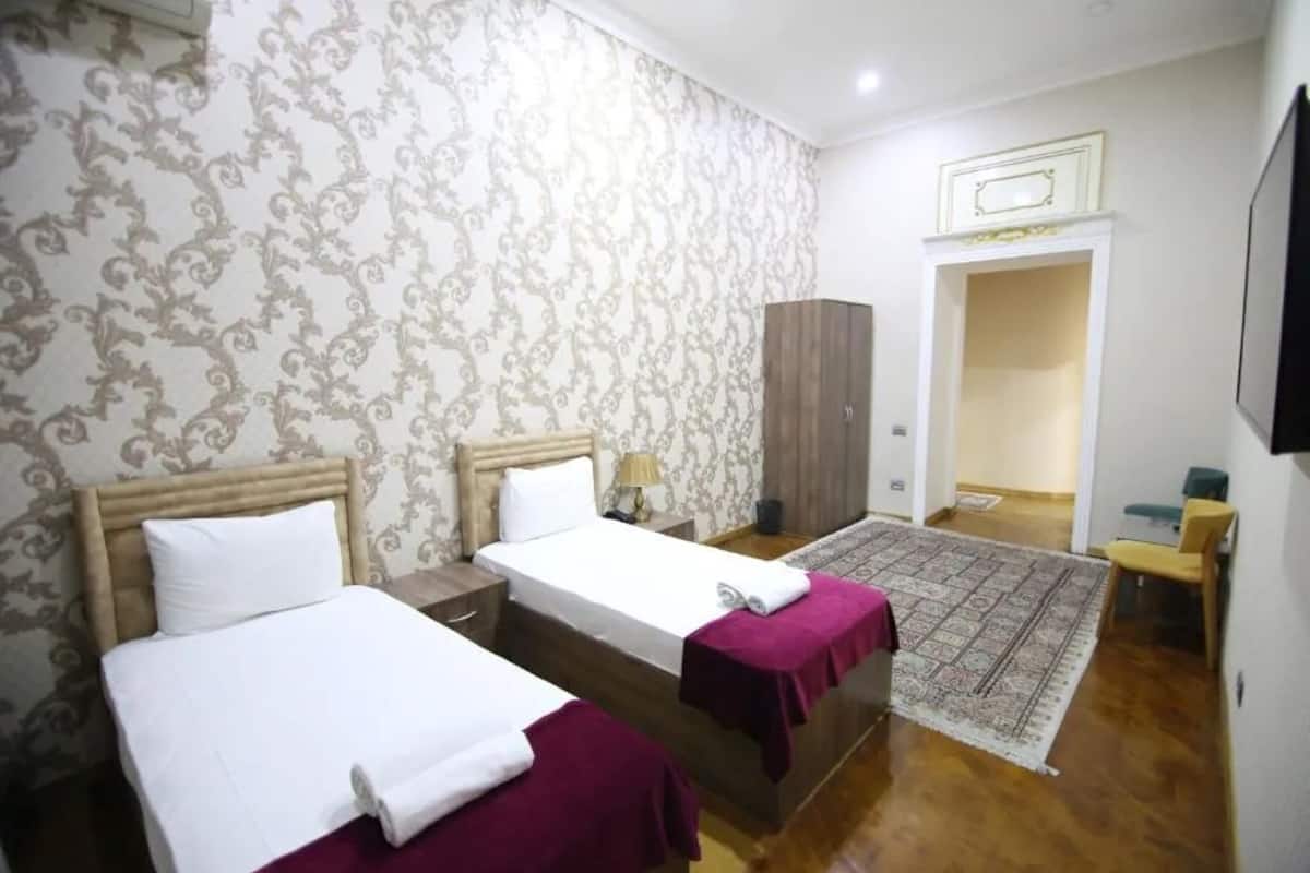 A hotel room with two beds, a wardrobe, a TV, and a patterned rug.