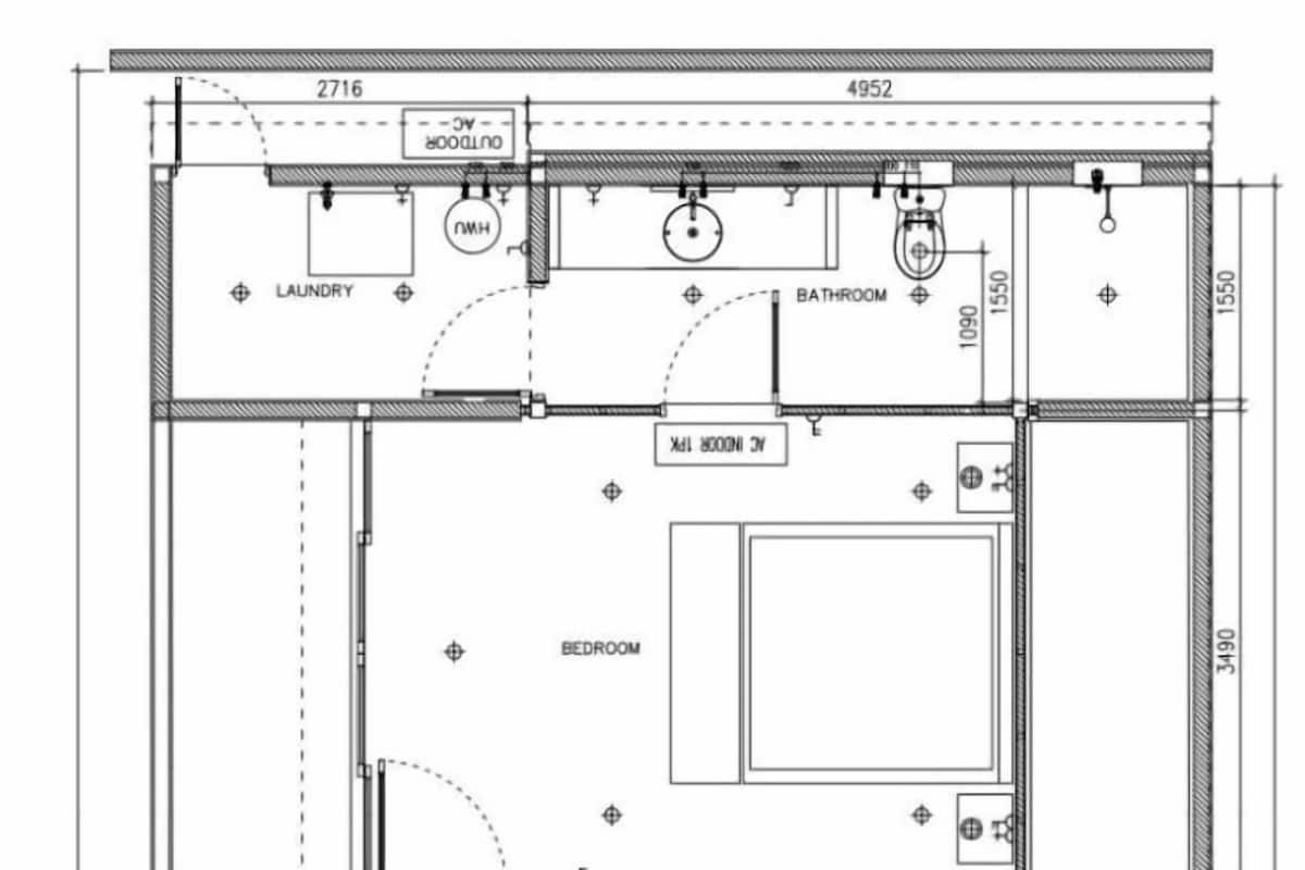 A floor plan of a hotel with a bedroom, bathroom, kitchen, dining area, study, and living room.