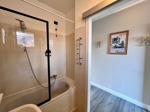 Hair dryer, towels, soap, toilet paper