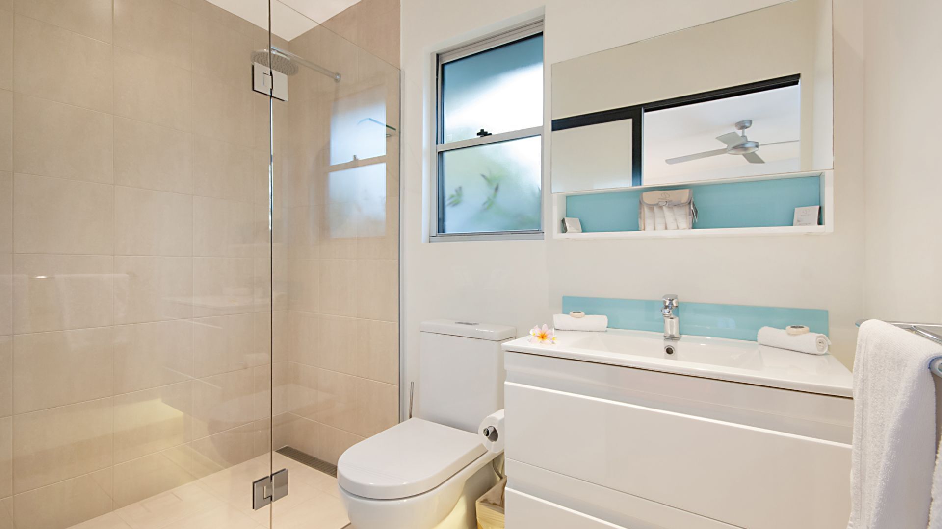 Shower, hair dryer, towels
