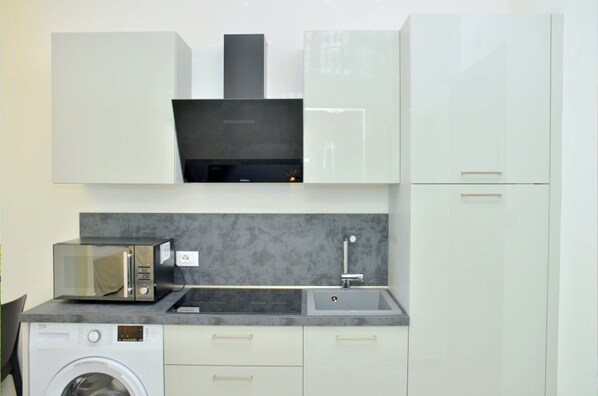 Fridge, microwave, stovetop, cookware/dishes/utensils