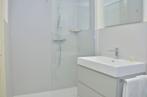 Douche, séchoir à cheveux, serviettes fournies