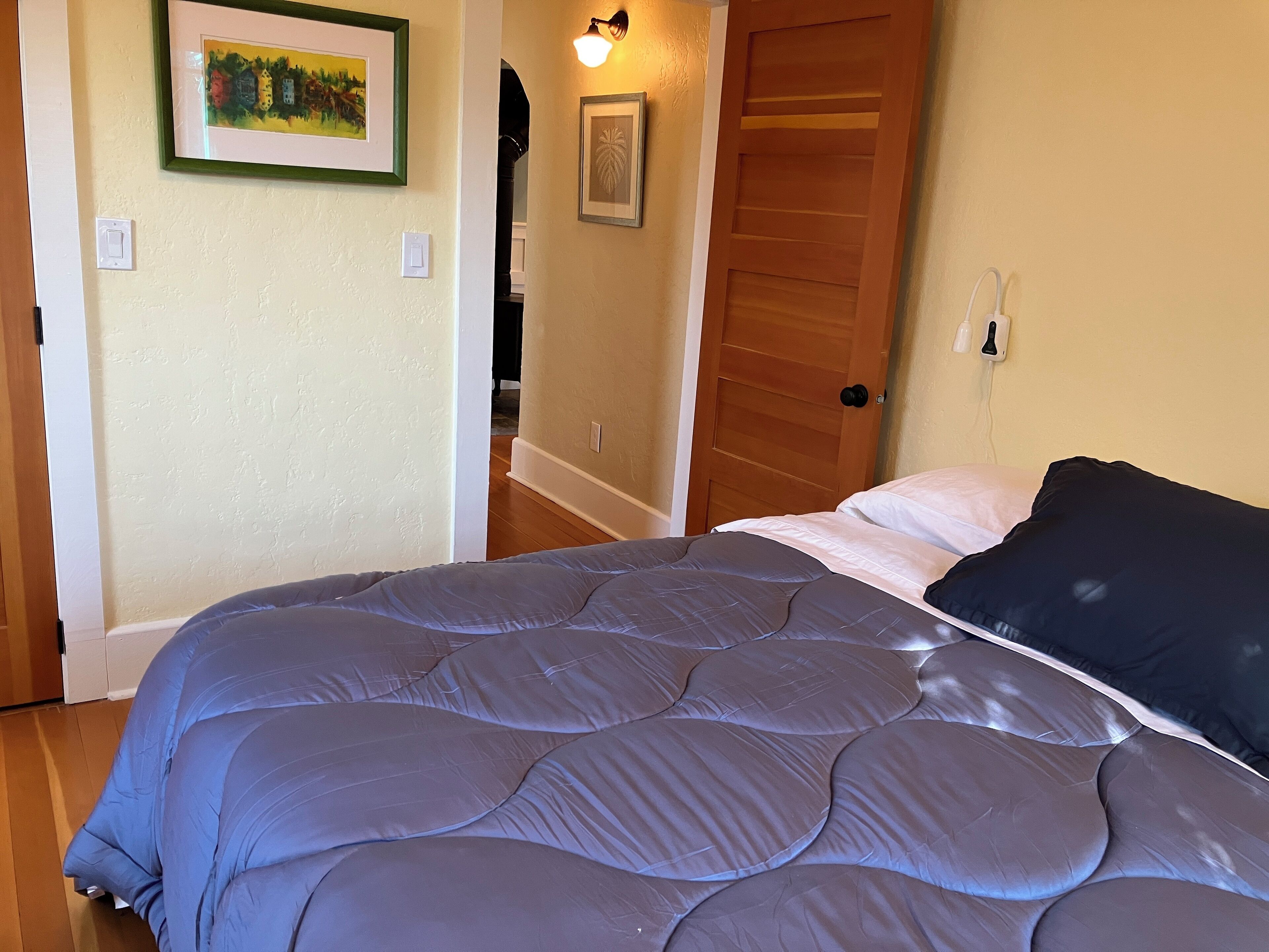 Une chambre avec un grand lit, une porte en bois et un tableau encadré accroché au mur.