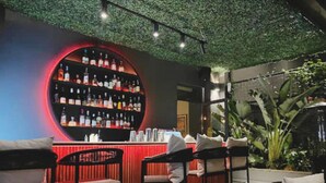 A bar area with a circular shelf of bottles, cushioned seating, and a ceiling with greenery.
