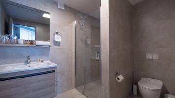 A modern bathroom with a glass-enclosed shower, a sink with a mirror, and a toilet.
