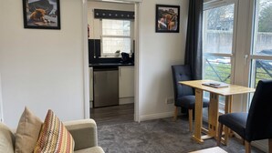 Un espace de vie compact comprenant un coin cuisine, un espace repas avec une table et des chaises, et un canapé agrémenté de coussins à motifs.