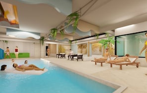 An indoor swimming pool area with lounge chairs, a pool, and a seating area with tables and chairs. - Large holiday bungalow for rent Scheldeoord Baarland Zeeland 6 persons (Baarland)