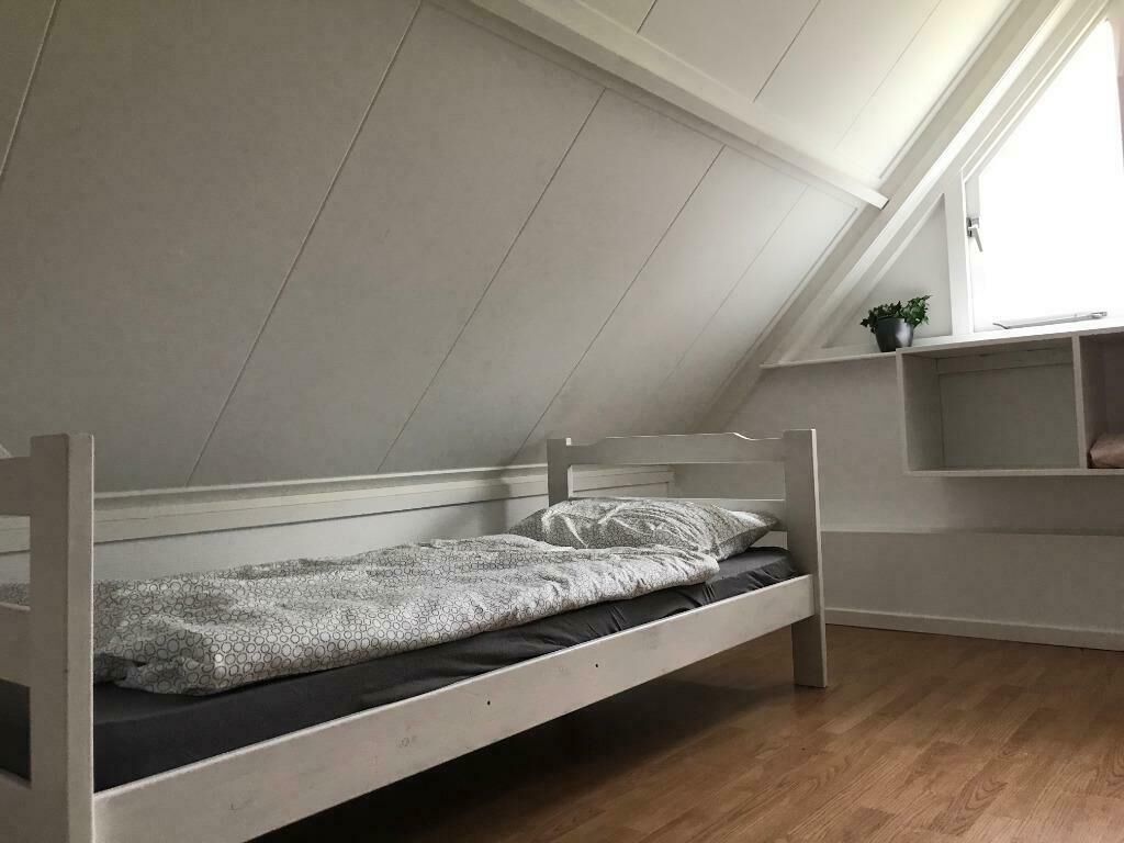 A single bed in a room with sloped ceilings, a window, and a small shelf with a plant.