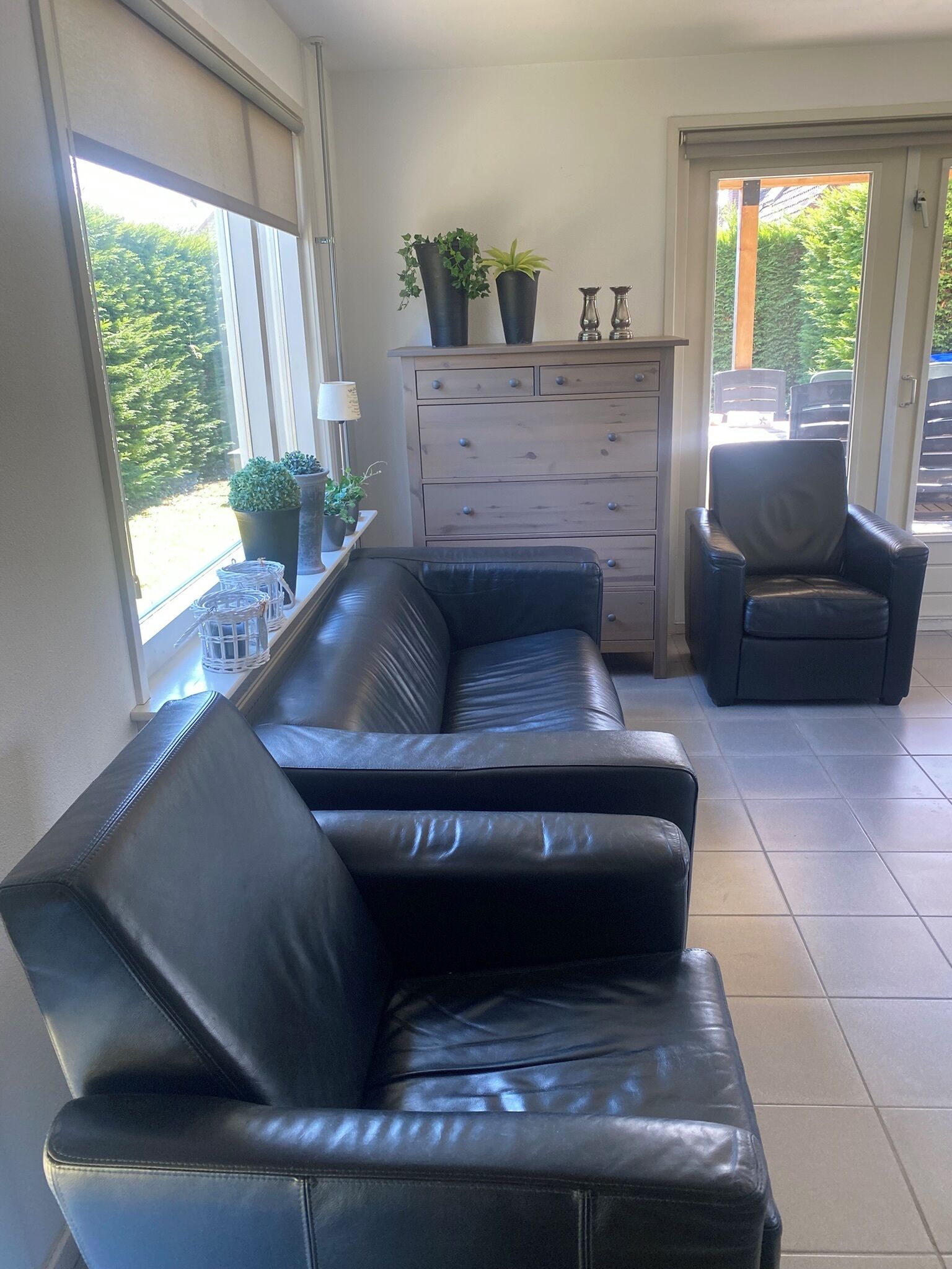 A modern living room with a black leather sofa, a wooden cabinet with potted plants, and a black leather chair.