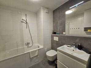 Hair dryer, towels, soap, toilet paper