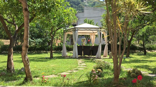 A gazebo with a table and chairs in a garden with trees and a building in the background. - Aurantia - Mediterranean Tale (Tropea)