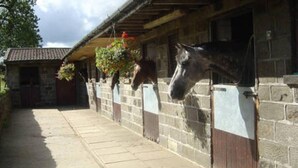 A stable with a stone wall and a tiled roof.