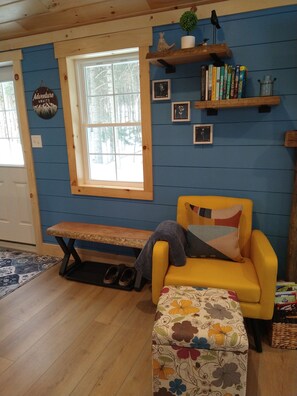 TV connectée, cheminée, livres