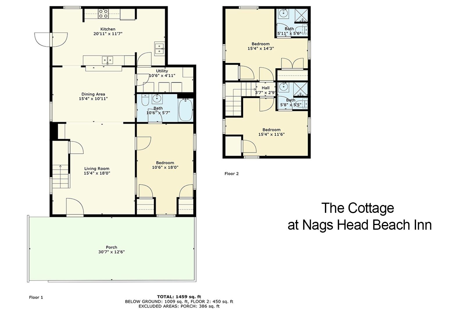 Ein Grundriss des The Cottage at Nags Head Beach Inn, der ein Wohnzimmer, einen Essbereich, eine Küche, zwei Schlafzimmer, ein Badezimmer, einen Hauswirtschaftsraum und eine Veranda zeigt.