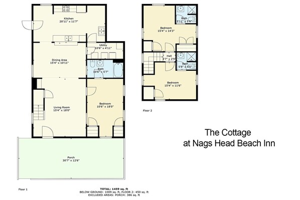 A floor plan of The Cottage at Nags Head Beach Inn, including a living room, dining area, kitchen, two bedrooms, a bathroom, a utility room, and a porch.