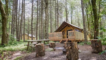 Una cabaña de madera en un bosque con una mesa de picnic, bancos y un pozo de fuego.