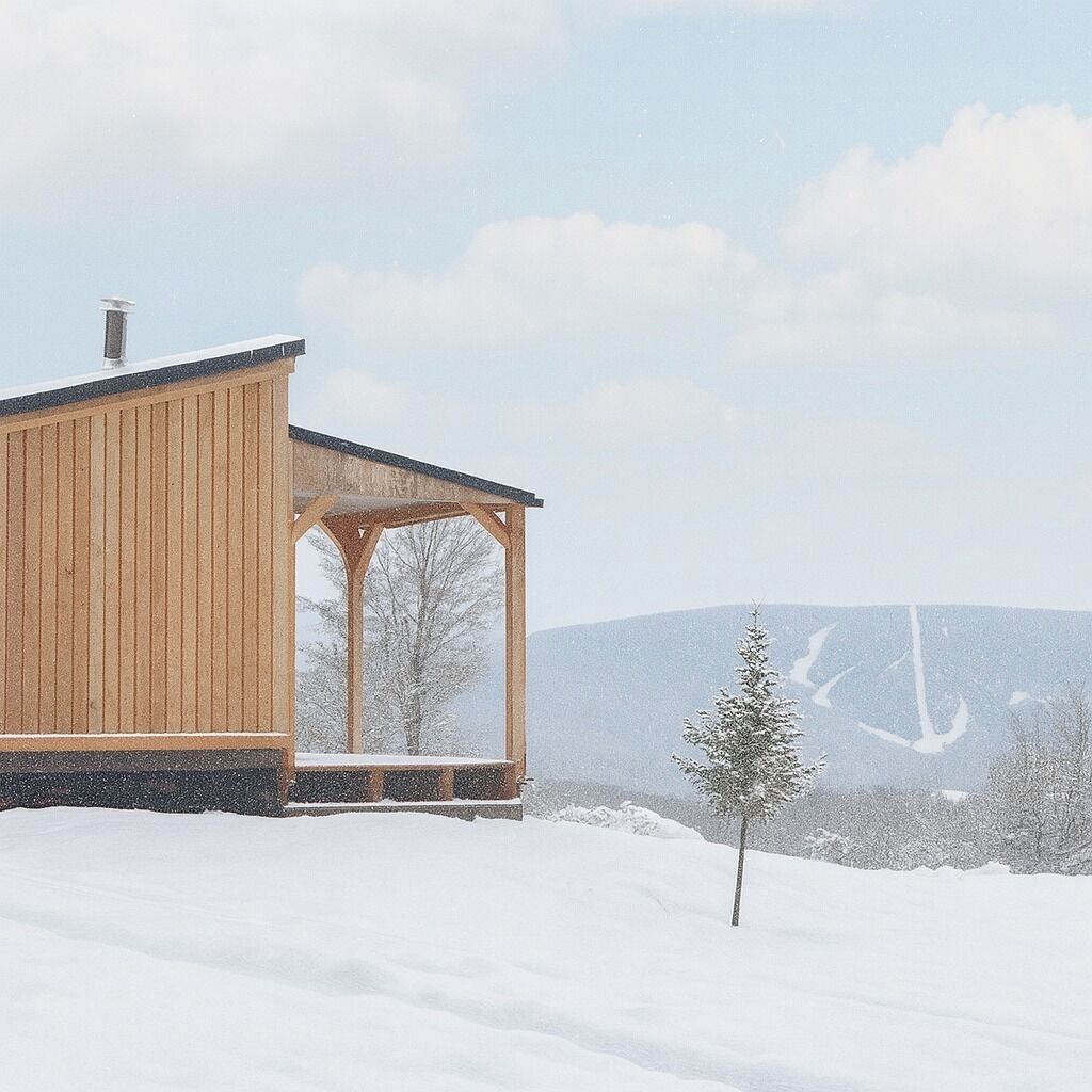 Una cabaña de madera con un porche cubierto y una chimenea, rodeada por un paisaje nevado y colinas distantes.