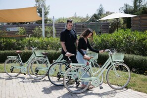 Tres bicicletas antiguas estacionadas en un área pavimentada con vegetación al fondo.
