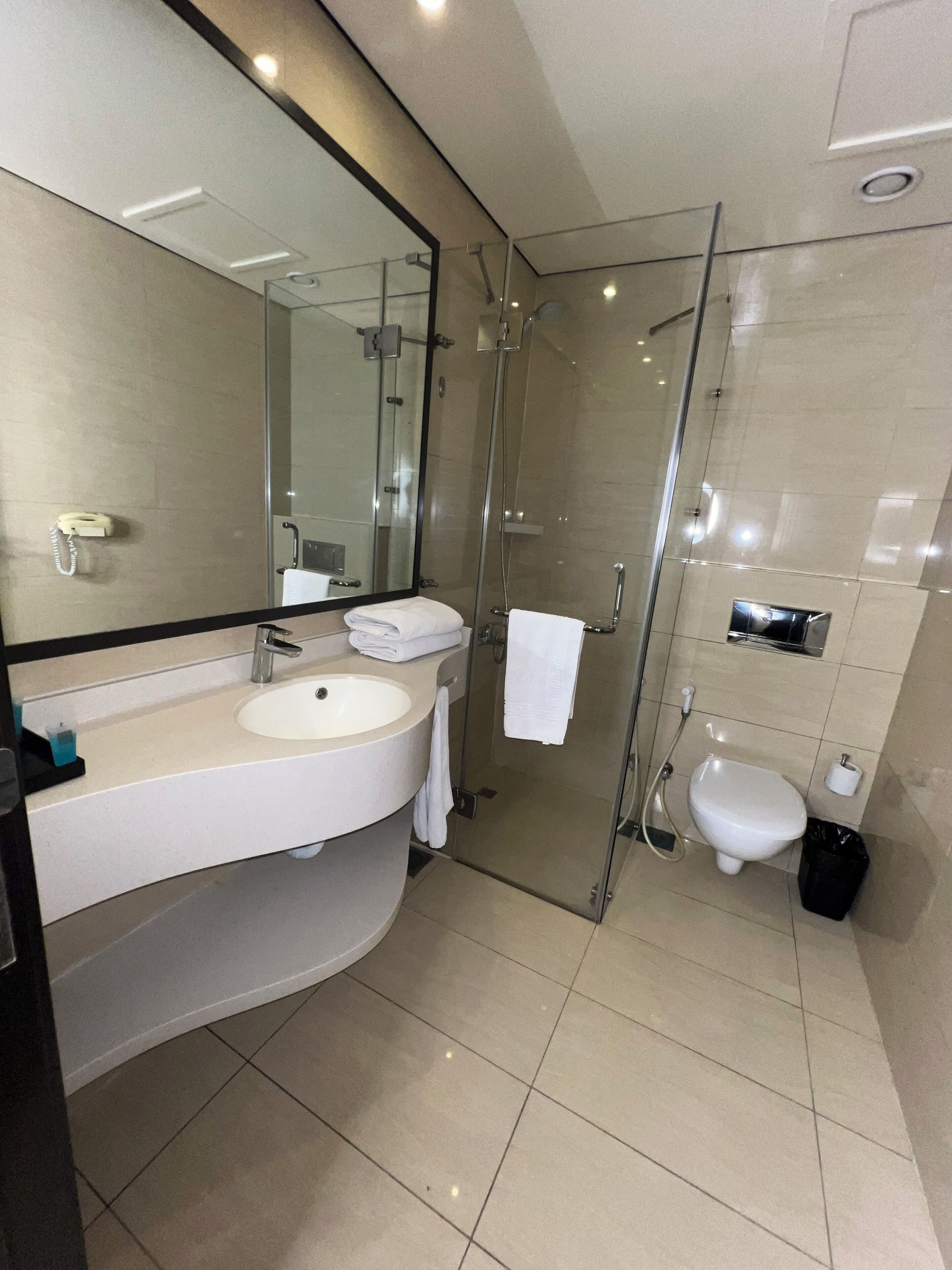 A modern bathroom with a sink, mirror, and glass shower enclosure.