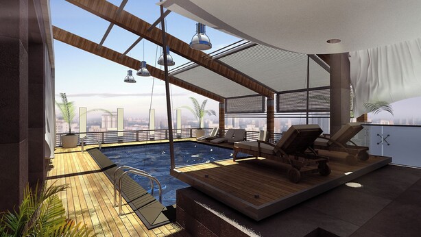 A rooftop pool area with lounge chairs, a small pool, and a view of the city skyline. - Elite Hotel By Beverly (Beirut)