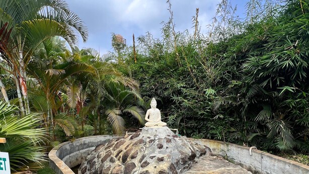 A stone fountain with a Buddha statue in the center, surrounded by lush greenery and a clear sky.