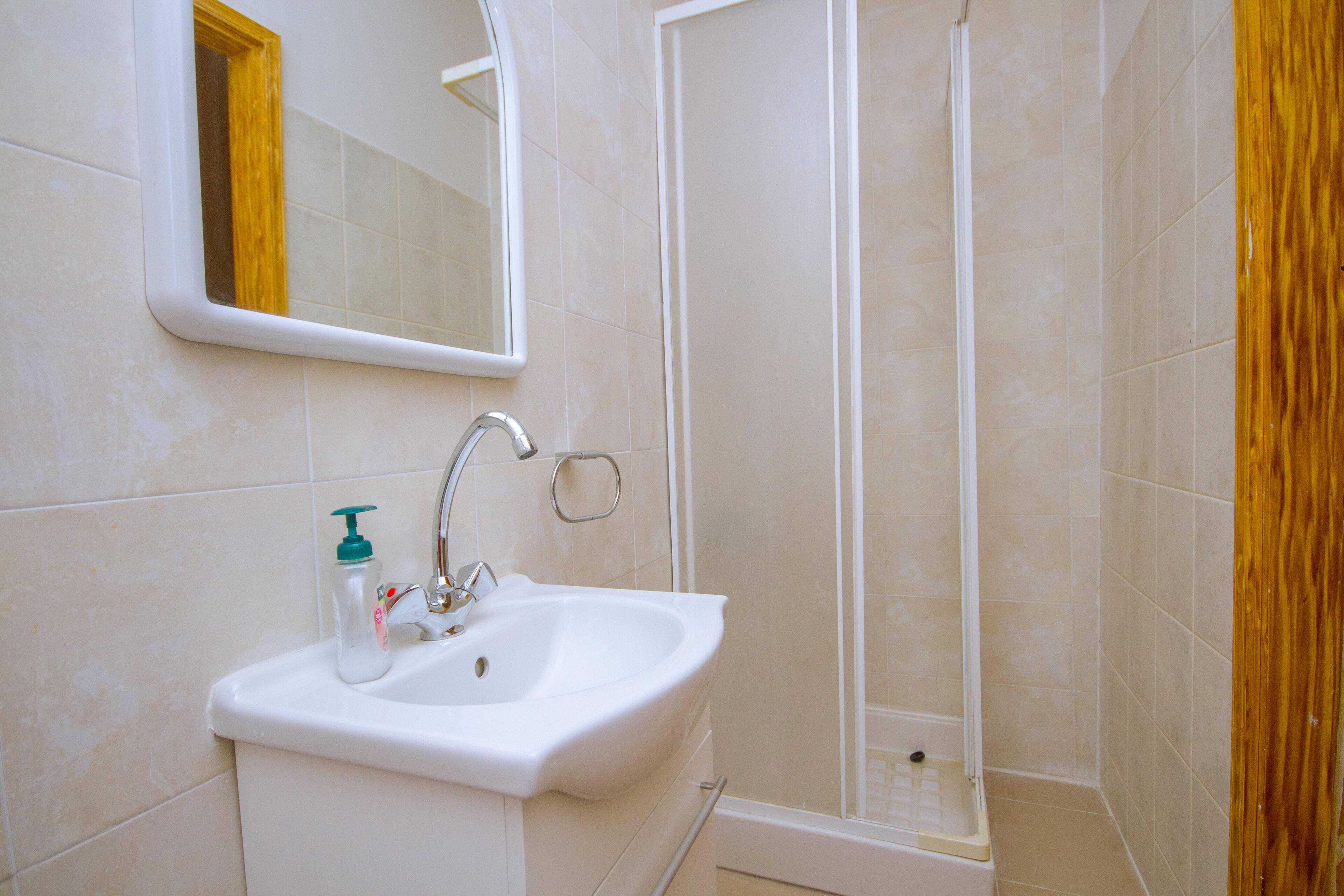 Un baño con lavabo, espejo y ducha.