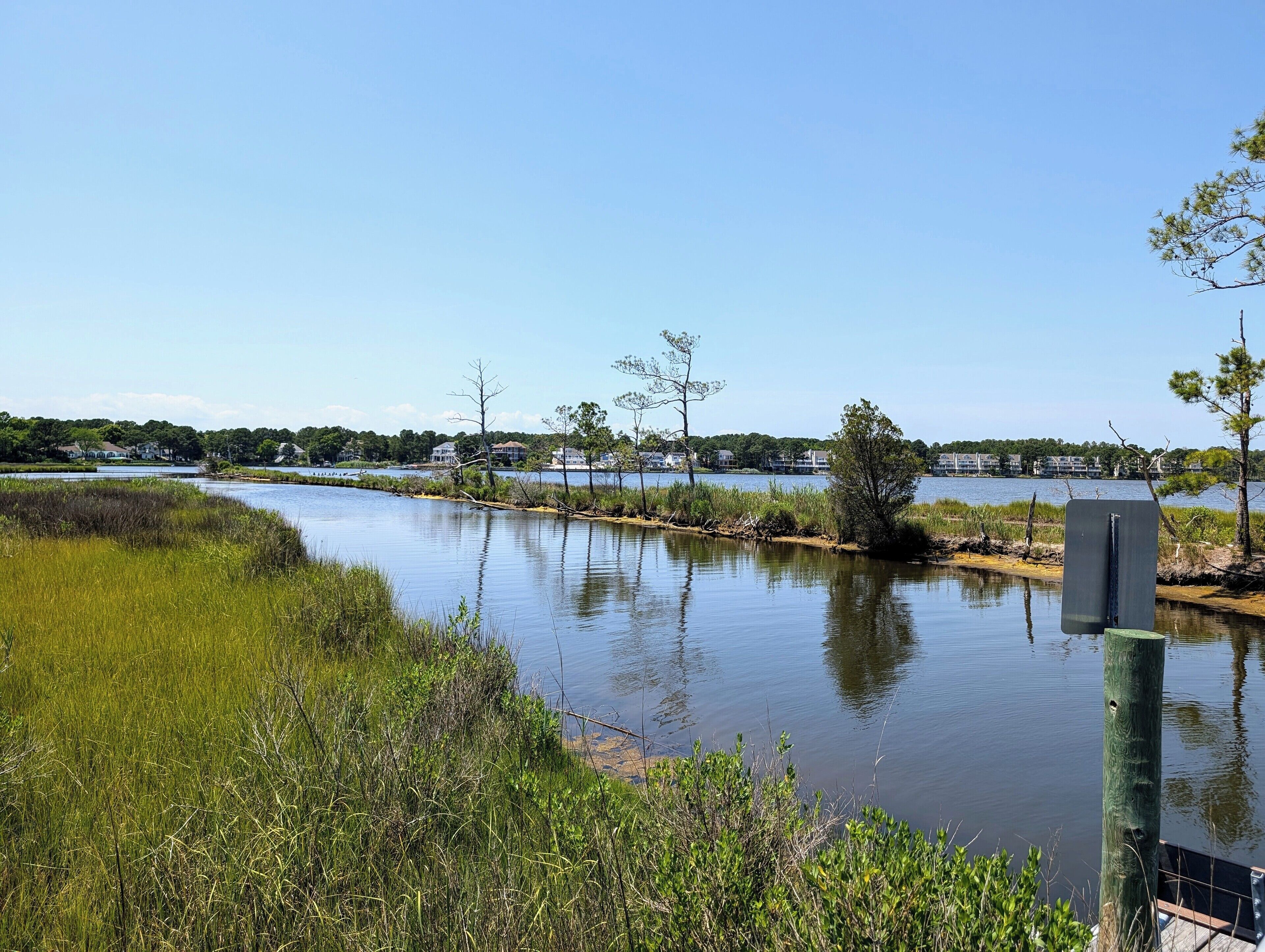 Een rustige rivier met een houten aanlegsteiger, omringd door grasoevers en enkele bomen.