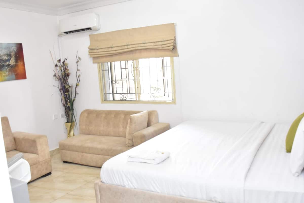 Habitación de hotel con cama, sofá, sillón, ventana con cortina y planta en maceta.