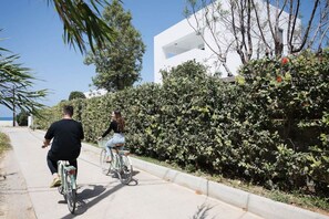 A paved pathway alongside a white building with a hedge in the foreground.
