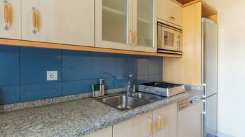 Family Apartment | Private kitchen | Fridge, microwave, oven, stovetop