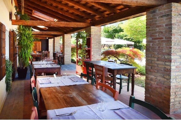 Lunsj og middag serveres, utsikt mot hagen