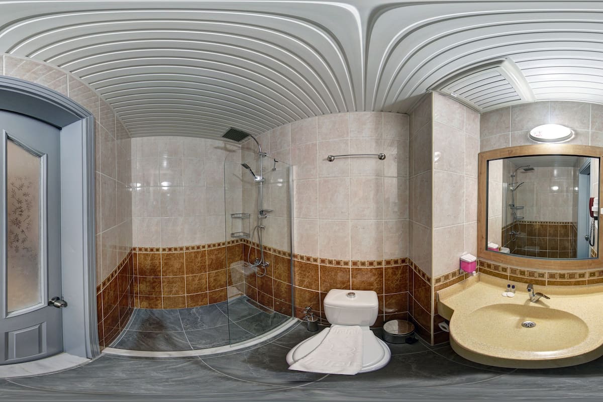 Un baño con ducha, inodoro, lavamanos y espejo.