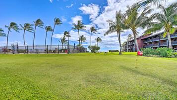 A well-maintained grassy area with a red flag marker, surrounded by palm trees and a building with multiple balconies.