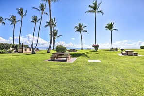 A well-maintained grassy area with multiple picnic tables and benches, surrounded by tall palm trees and a view of the ocean. - Pool Access: Ocean-view Molokai Shores Condo! (Kaunakakai)