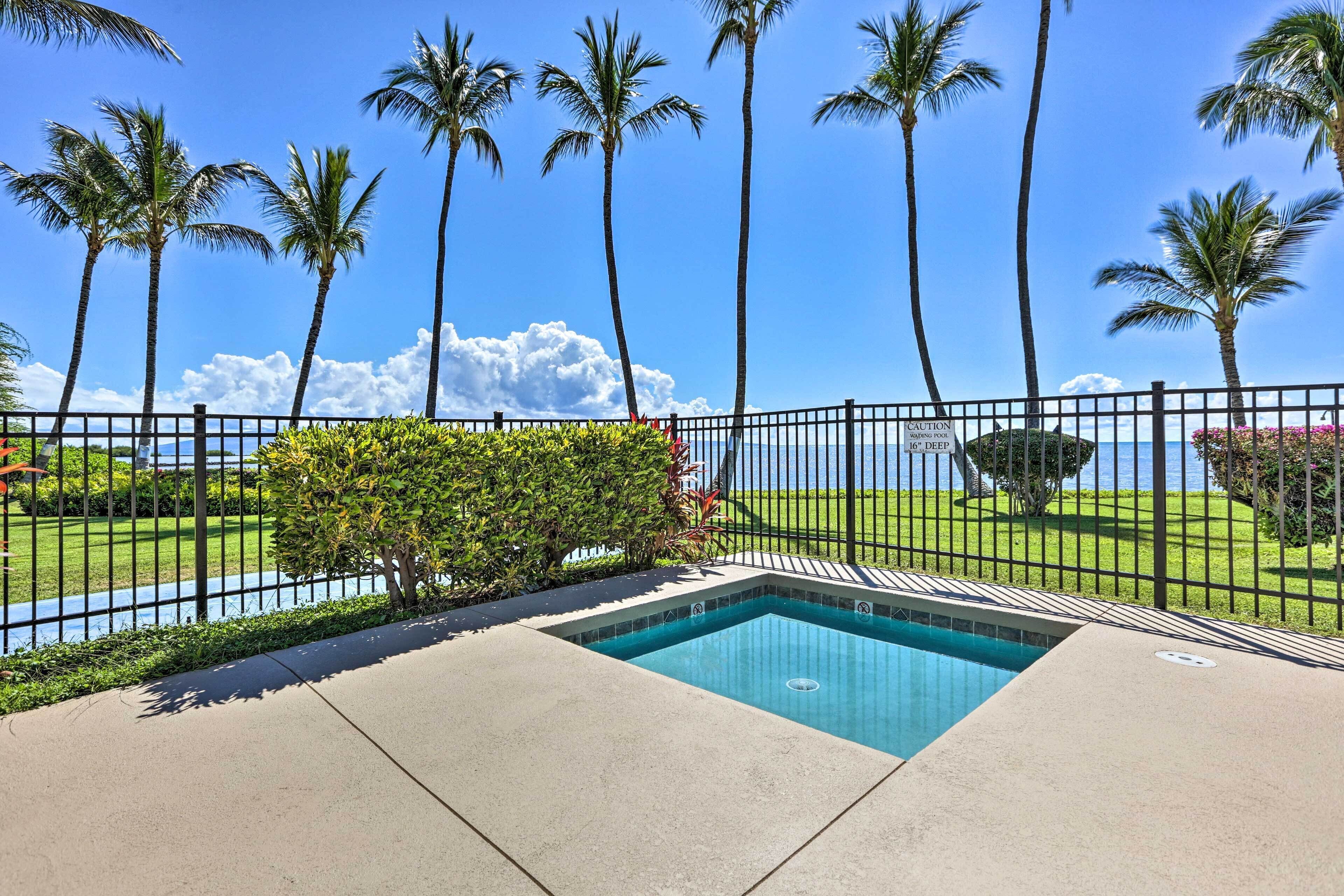 A swimming pool with a view of the ocean and palm trees.